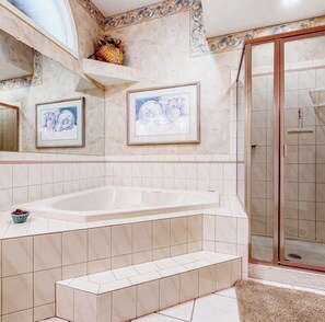 Jetted bath, hair dryer, towels, soap