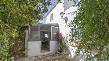 A narrow courtyard with a white building, a small covered area with plants, and a stone pathway.
