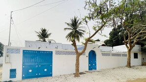 A building with two blue doors, a white wall, and a palm tree. - La villa bleue (M'bour)