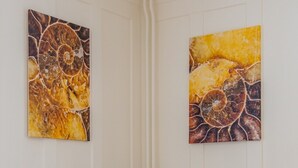 Una habitació amb una butaca gris, una taula petita blanca, una orquídia en test i dos quadres abstractes a la paret.