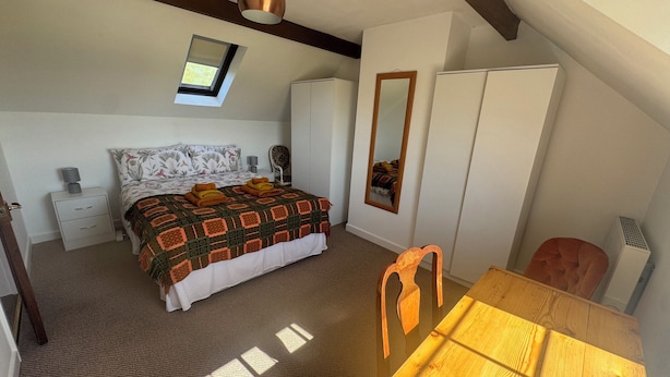 Un dormitorio con cama, escritorio, silla, armario, espejo y tragaluz.