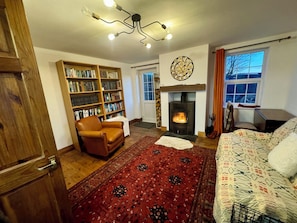 A cozy living room with a fireplace, a bookshelf, a leather armchair, and a patterned rug. - Penpegws (Aberystwyth)