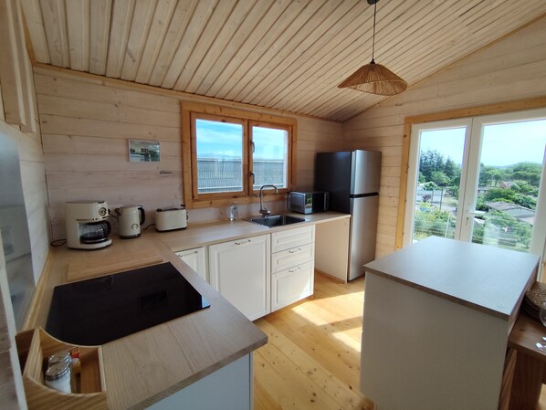 Une cuisine de taille r éduite, avec des murs en bois, une fenêtre et une vue sur l’extérieur.