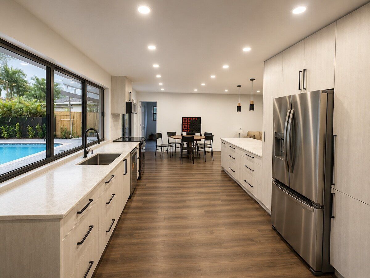 A modern kitchen with a large island, stainless steel appliances, and a view of a swimming pool.. 5BR/3Bath Pool Oasis - Sleeps 10 - 17 Min to Hard Rock Stadium