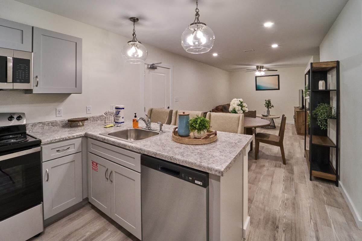 A modern kitchen with stainless steel appliances, a dishwasher, and a granite countertop.