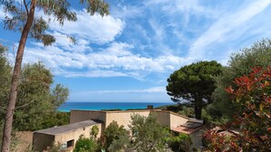 Una propiedad costera con vistas al mar, rodeada de árboles y vegetación.