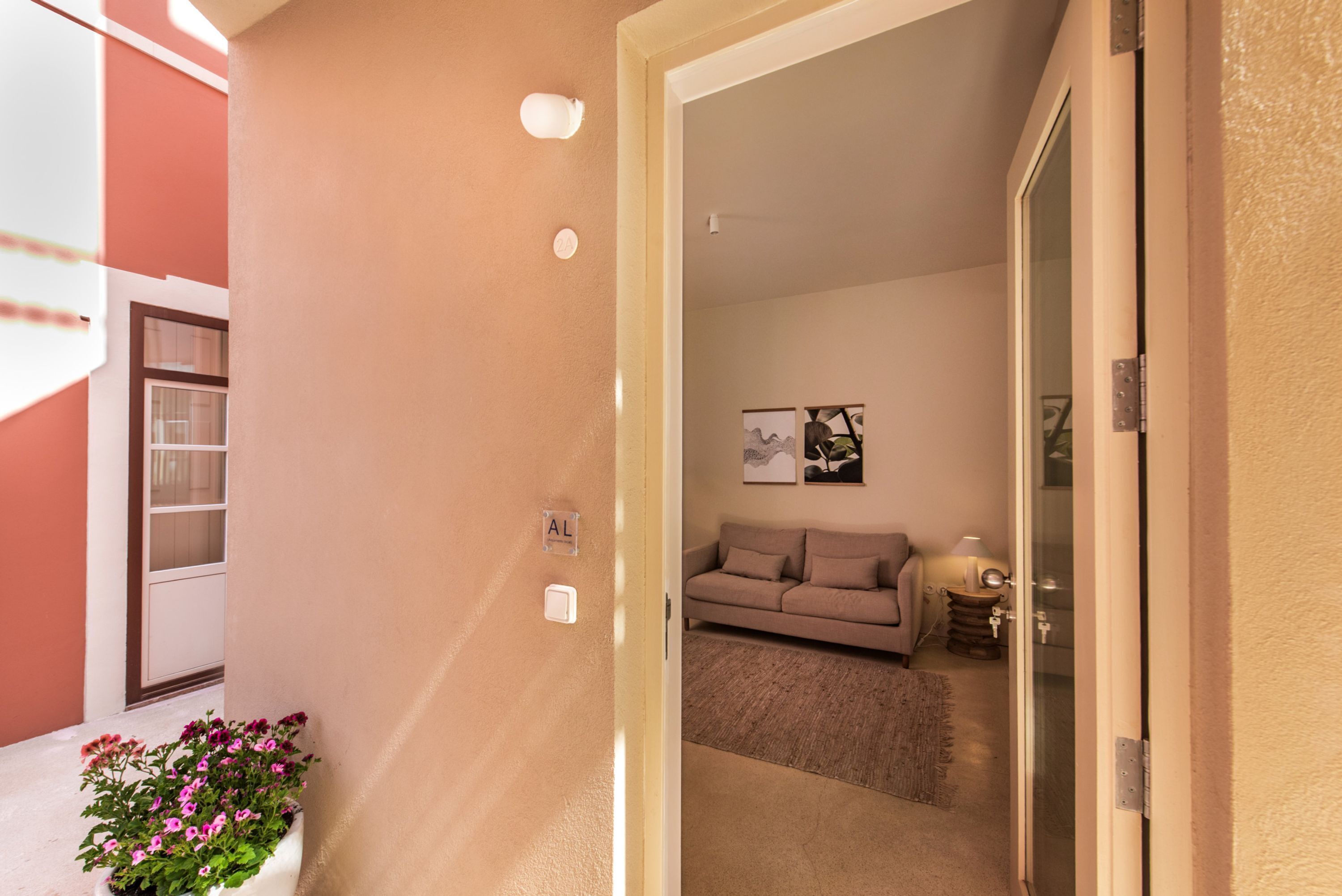 Een gang met een beige muur, een witte deur en een klein plantje met roze bloemen.