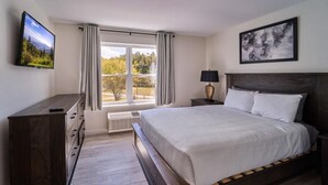 Una camera da letto con un letto, una TV, una lampada e una finestra con tende.