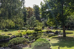 Ein friedlicher Garten mit Teich, Steinen und verschiedenen Bäumen.