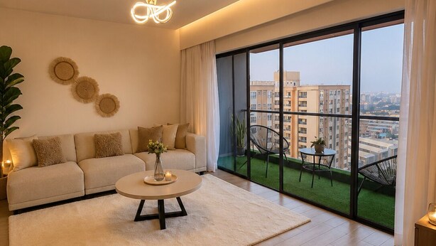 Ein modernes Wohnzimmer mit einer Couch, einem Couchtisch und großen Fenstern mit Blick auf die Stadt.