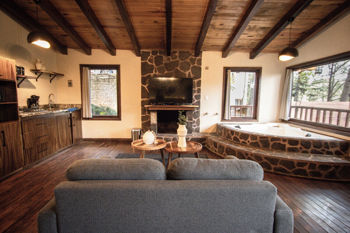 A cozy interior with a stone fireplace, a television, and a hot tub.