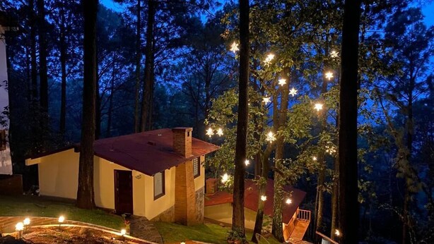 Una casa pequeña con techo rojo, rodeada de árboles, e iluminada por guirnaldas de luces.