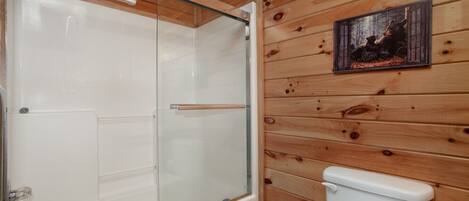 Een houten badkamer in een chalet, met een glazen douchecabine, een wit toilet en een ingelijst foto aan de muur.
