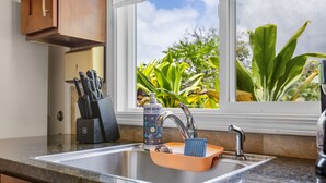 Una cocina con encimera de granito, pileta de acero inoxidable y ventana con vista a follaje.