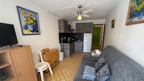 Ett kompakt bostadsutrymme med ett litet kök, en soffa, en tv och en matplats.