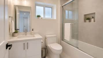 Hair dryer, towels, soap, toilet paper