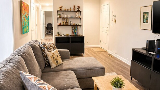 Een moderne woonkamer met een hoekbank, een houten salontafel en een tv-meubel.