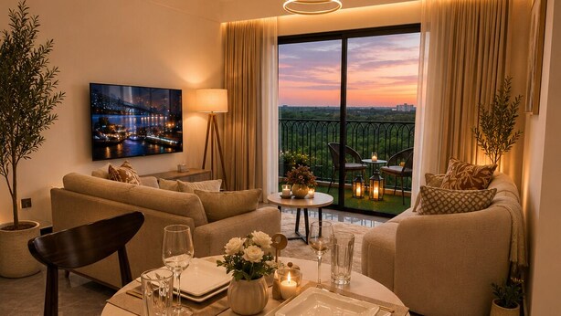 A modern living room with a dining area, a large TV, and a scenic view through the windows. - 1 bedroom syokimau near airport with Nairobi national park view. (Nairobi)