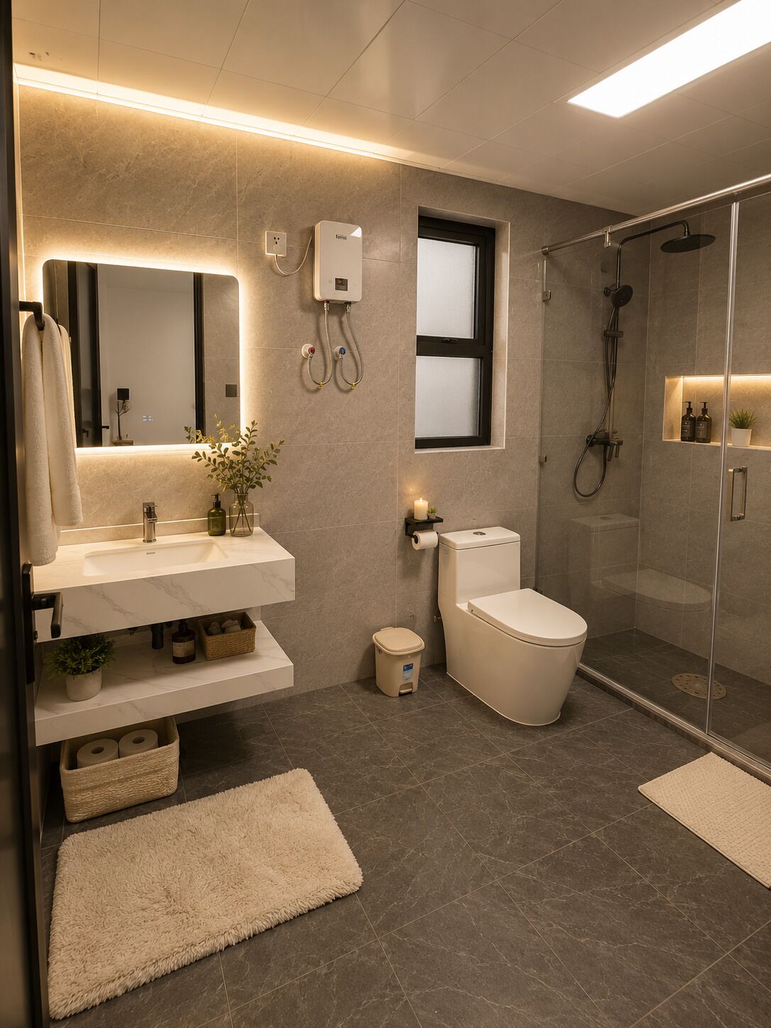 Hair dryer, towels, soap, toilet paper