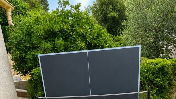 A table tennis table with a net, positioned outdoors with greenery in the background. - La Villa Peace & Goodness (Vidauban)