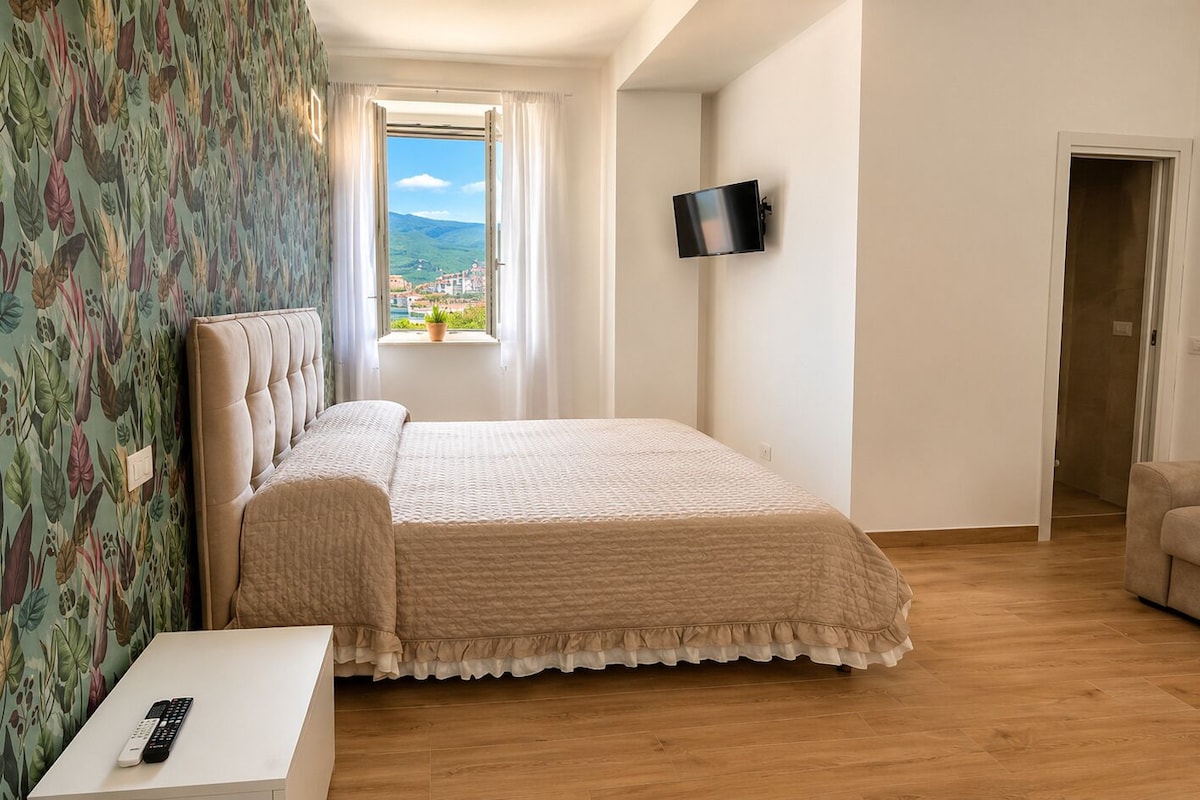 Una camera da letto con un letto, una TV a parete, una finestra con vista e una porta.
