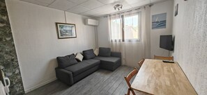 Et værelse med en grå sofa, et træbord og et fjernsyn.
