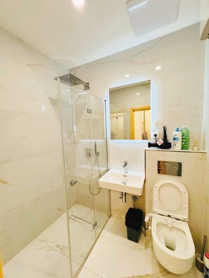 Secadora de cabello, toallas, jabón, papel de baño 