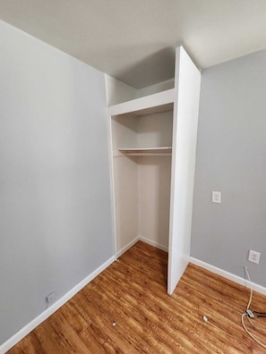 A room with a wooden floor, a white closet, and light grey walls.