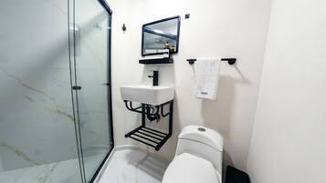 Une salle de bain avec une douche à parois de verre, des toilettes blanches, un lavabo noir avec un miroir au-dessus, et une serviette suspendue à un porte-serviettes.