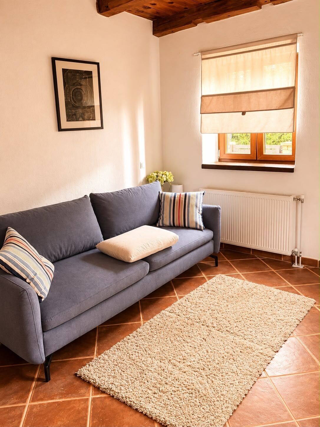A living room with a sofa, pillows, a rug, a radiator, and a window with curtains.