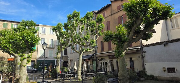 Une rue bordée d’immeubles, d’arbres et de terrasses.