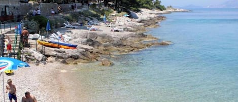 A rocky beach with clear water, umbrellas, and a few people.
