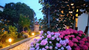 A cobblestone pathway leading through a garden with hydrangea bushes. - Room Amor (Rovinj)