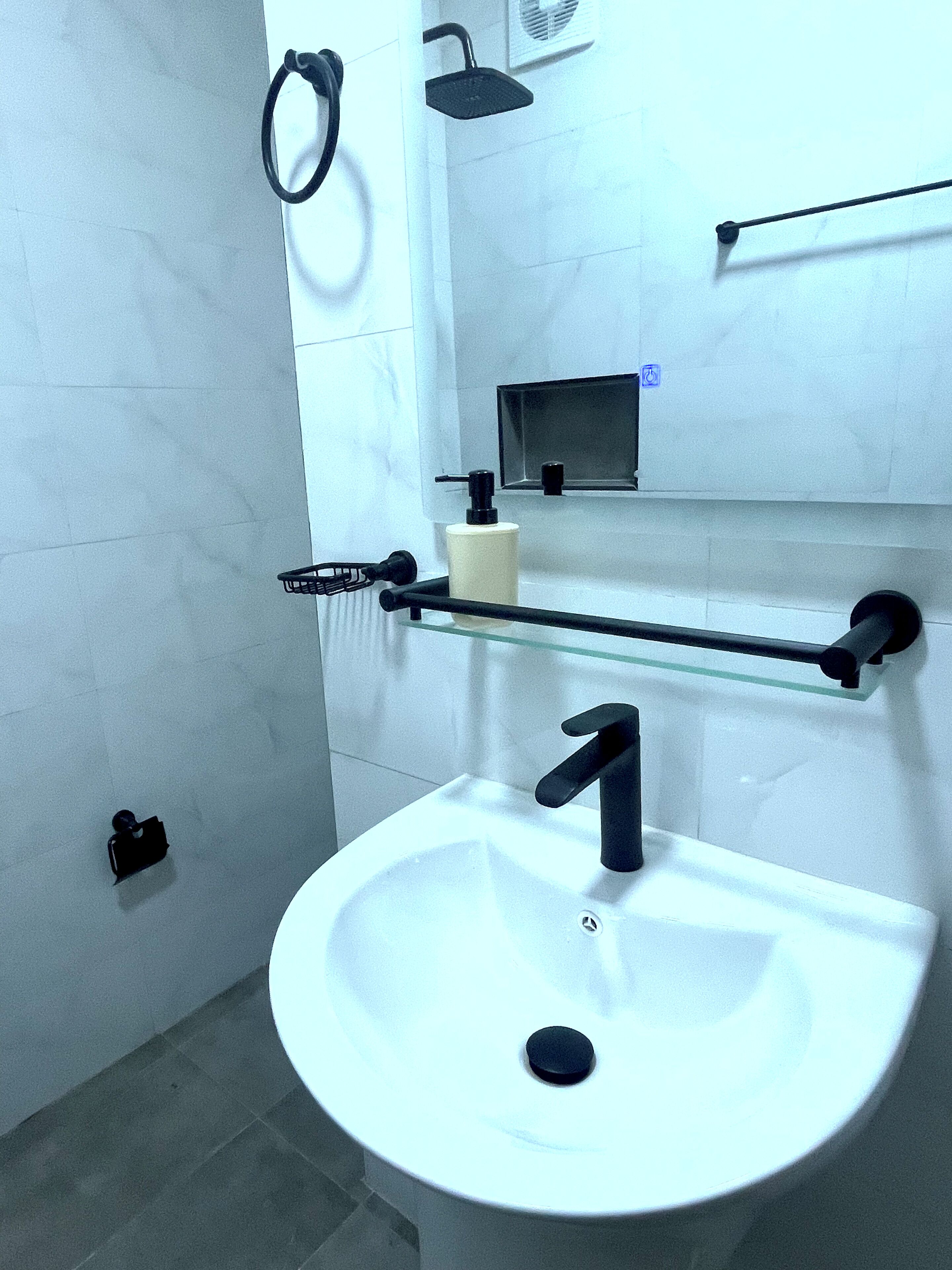 A bathroom with a white sink, a handheld showerhead, a towel rack, and a soap dispenser.