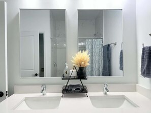 Shower, hair dryer, shampoo