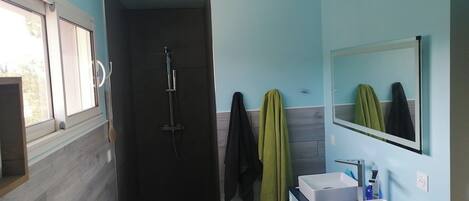 Shower, hair dryer, towels, soap