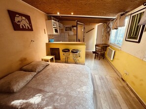 Una camera compatta con un letto, un angolo cottura e una zona pranzo.