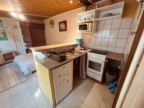 Una cucina compatta con forno a microonde, fornelli e lavandino.