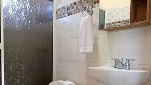 A bathroom with a toilet, a sink, and a shower area.