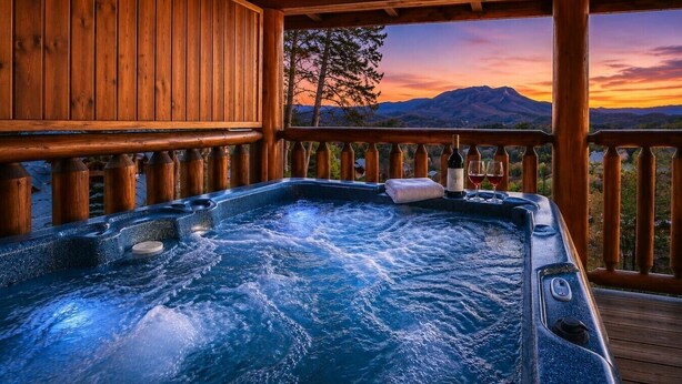 Ein Whirlpool mit Blick auf die Berge, einer Holzterrasse und einem Sonnenuntergang.