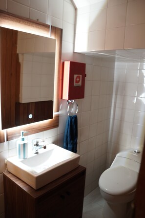 Een douche, een haardroger, handdoeken, zeep