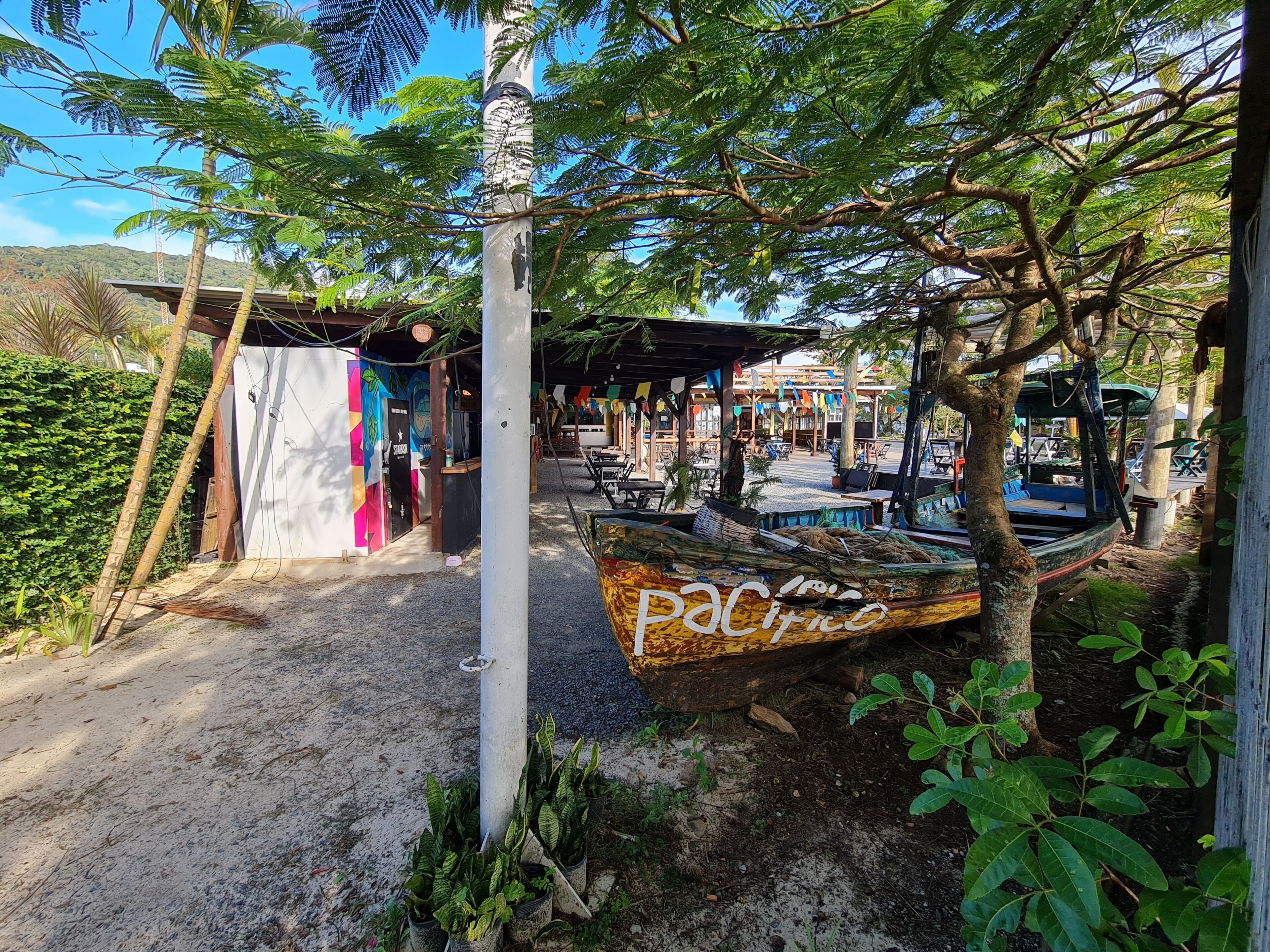 A beachside restaurant with outdoor seating, a boat named 'Pacifico,' and a colorful mural on the building.