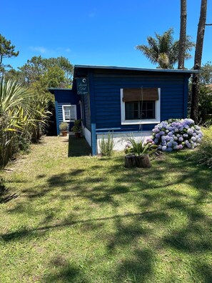 A blue house with a small porch, a garden with hydrangeas, and a palm tree.