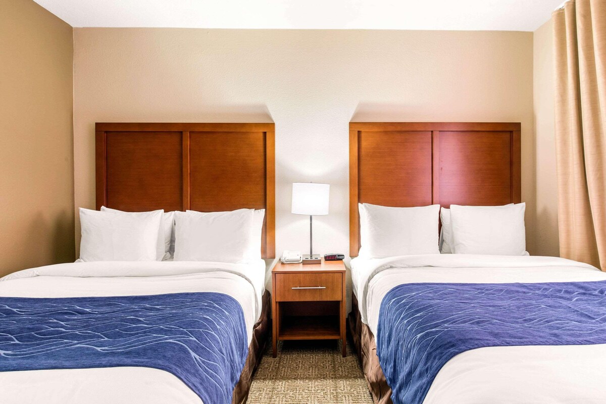 A hotel room with two beds, a nightstand, a lamp, and a window with curtains.