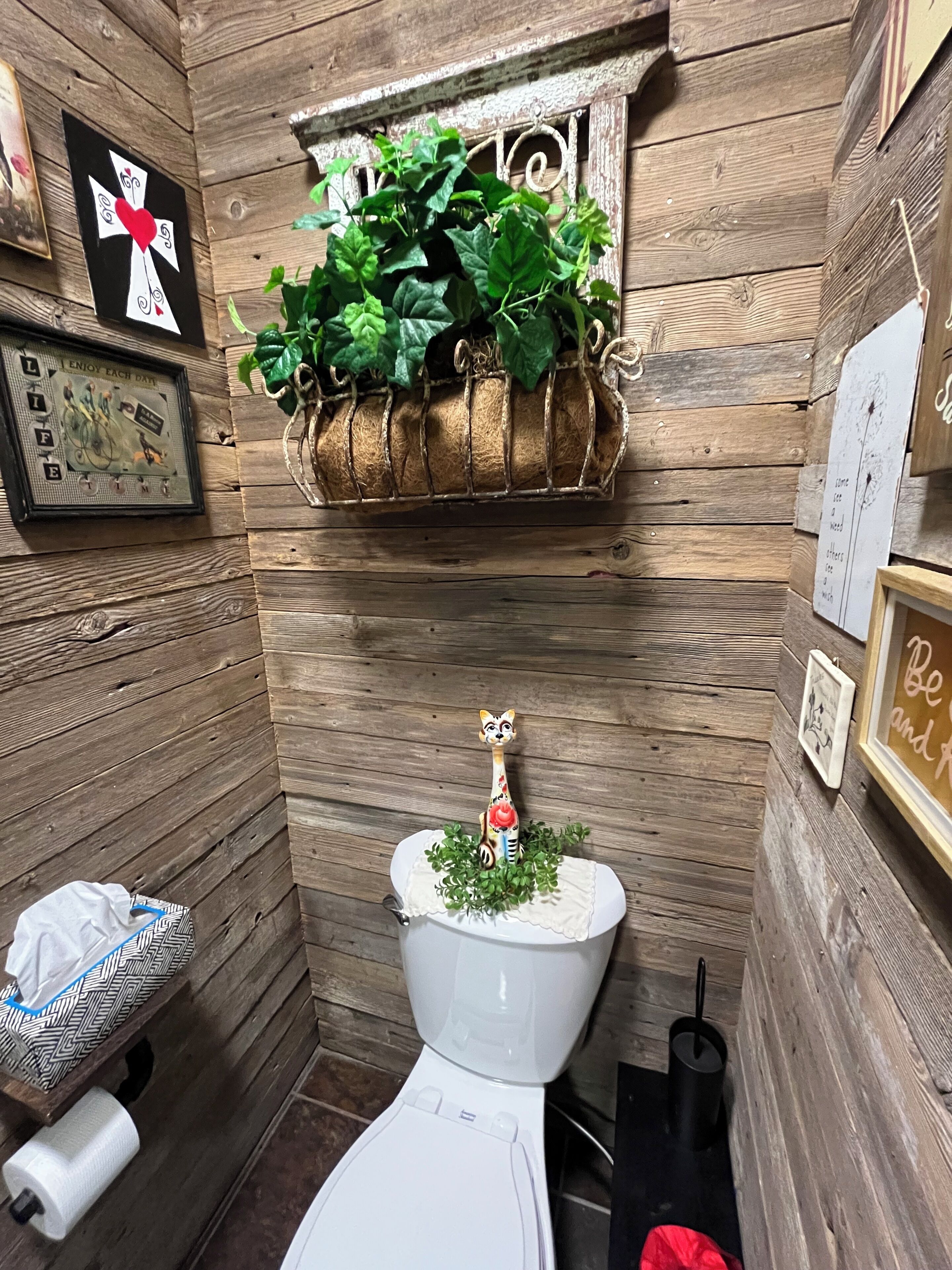 A rustic bathroom with a wooden wall, a hanging plant, a toilet with a decorative figure, and framed pictures.