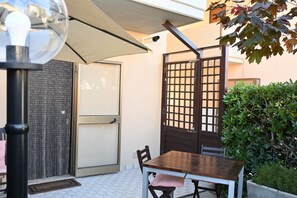 Un espace patio avec une table et des chaises, une porte, un portail et une plante en pot.