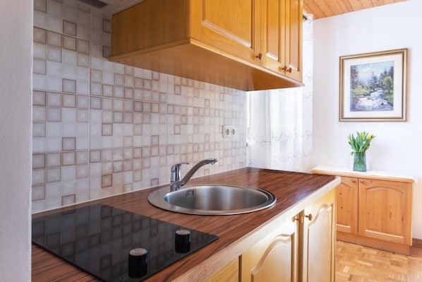 A kitchen with a stainless steel sink, wooden cabinets, a tiled backsplash, and a framed picture on the wall. - Holiday lake Bled (Bled)
