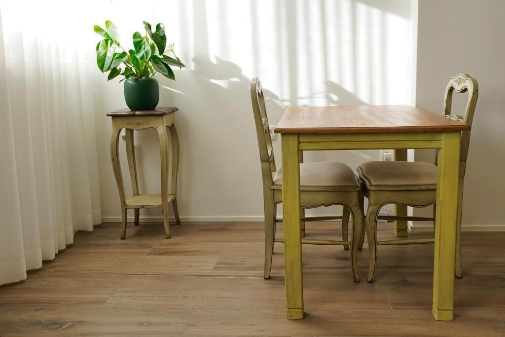 A dining table with chairs, a potted plant, and a window with blinds.