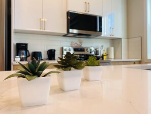 A kitchen with white cabinets, a microwave, and three potted plants on the counter. - *Brand New BUDGET*Sleep 6*Downtown 5 MINS* (Edmonton)