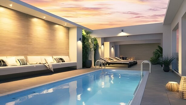 A modern indoor pool with lounge chairs and a seating area, surrounded by walls and plants. - Depto. cerca Movistar Arena con WIFI (Santiago)